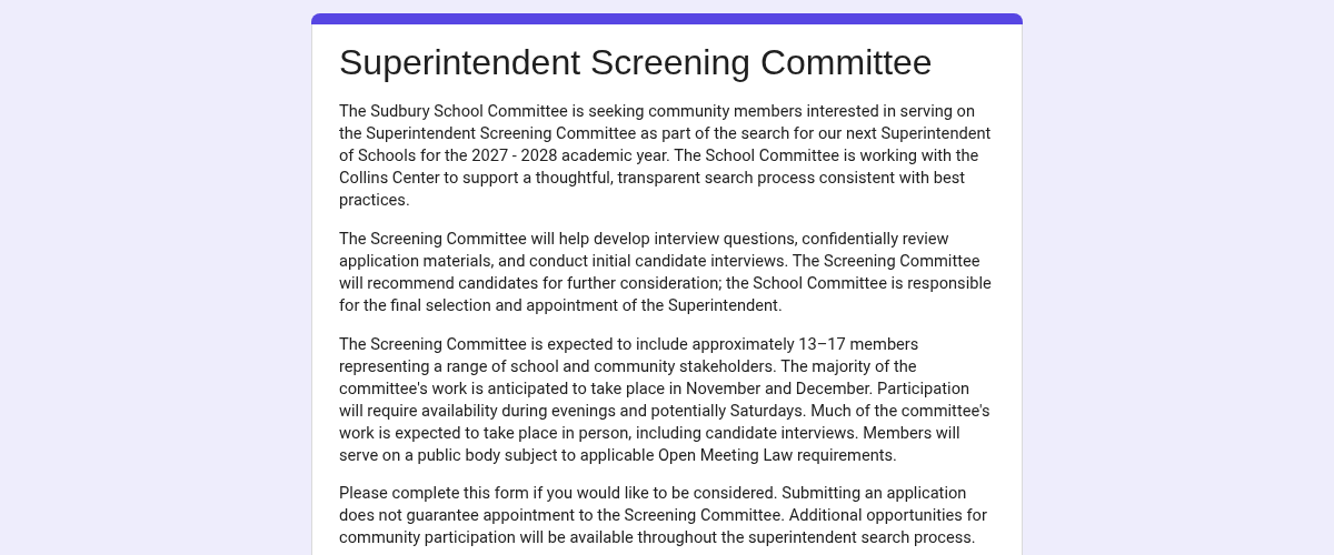 Screenshot of the Superintendent Screening Committee interest form